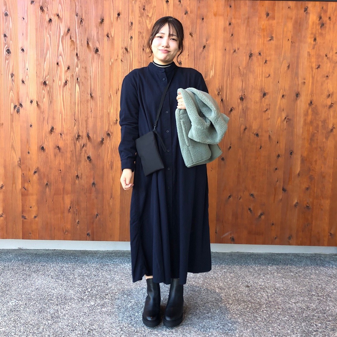 両面起毛フランネルスタンドカラー長袖ワンピース