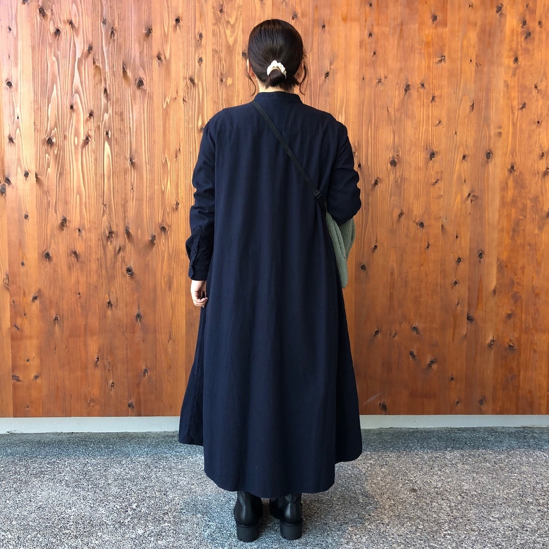 両面起毛フランネルスタンドカラー長袖ワンピース
