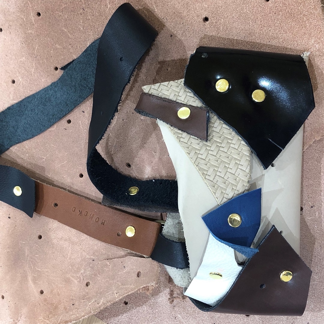 NPW(ヌメ革のパッチワーク)のバッグ。 NPWの学校ワークショップにて制作。