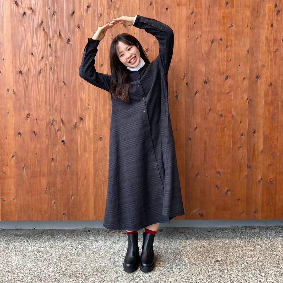 両面起毛フランネルスタンドカラー長袖ワンピース