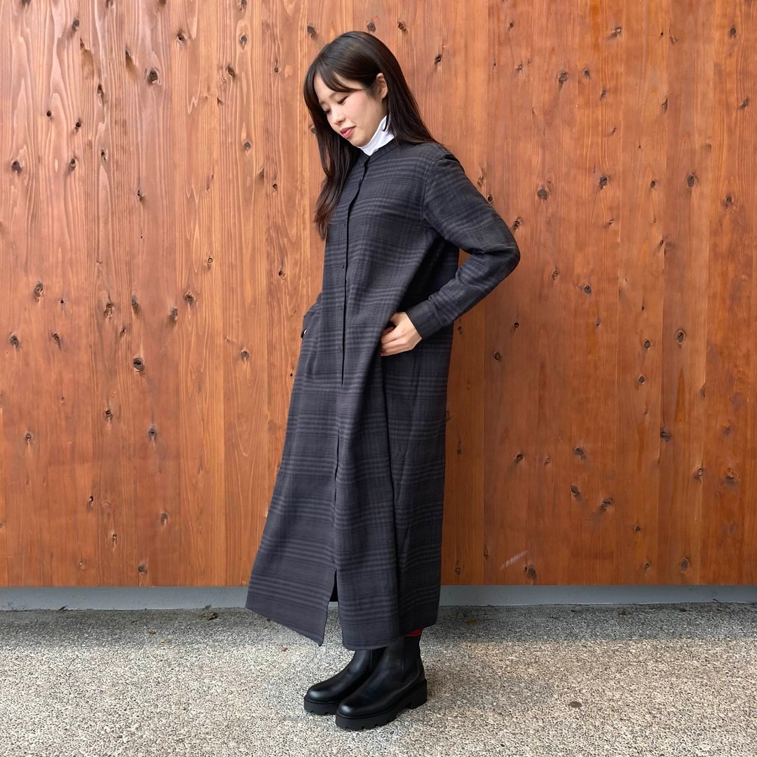 両面起毛フランネルスタンドカラー長袖ワンピース