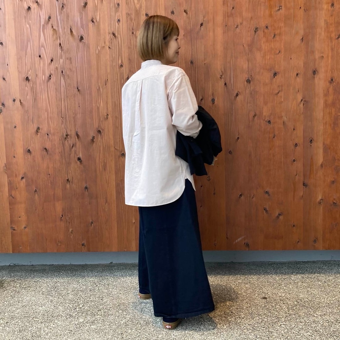 洗いざらしブロードスタンドカラー長袖ロングシャツ