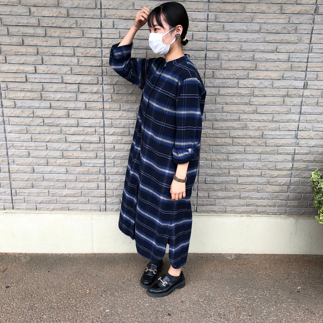 両面起毛フランネルスタンドカラーシャツワンピース