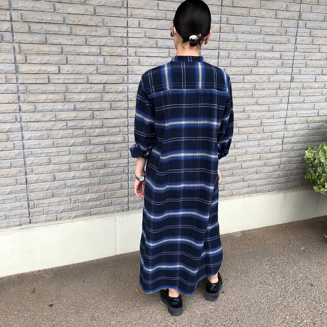 両面起毛フランネルスタンドカラーシャツワンピース