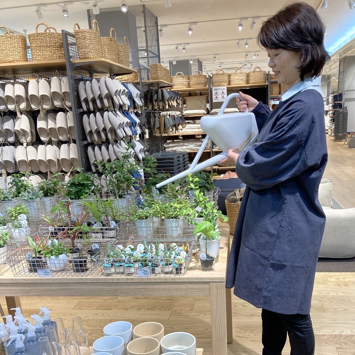 割烹着を着たスタッフが植物に水やりをする様子です。