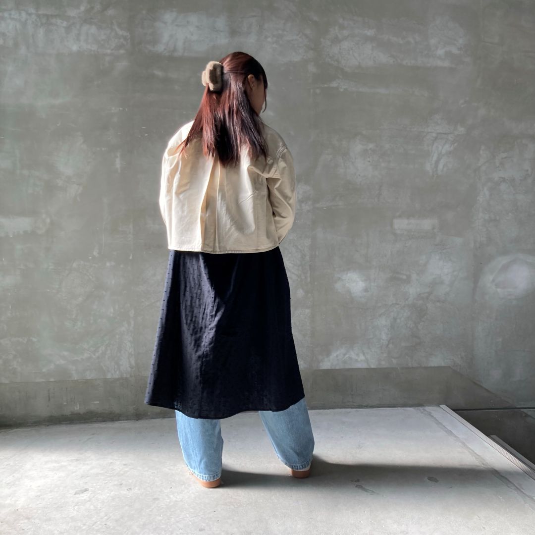 デニムとワンピースを着た髪の長い女性の画像