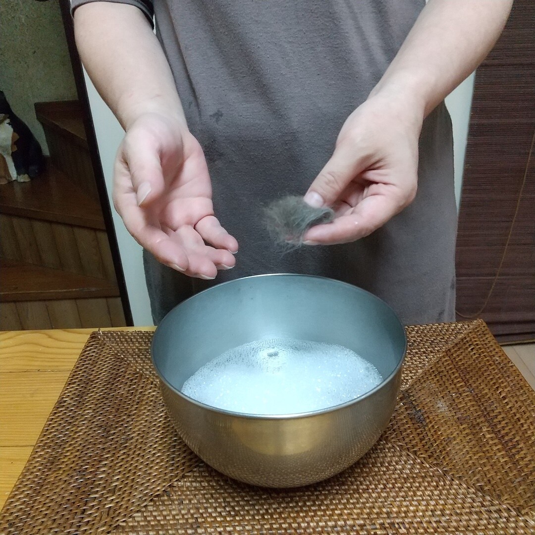 ネコ毛を洗う人