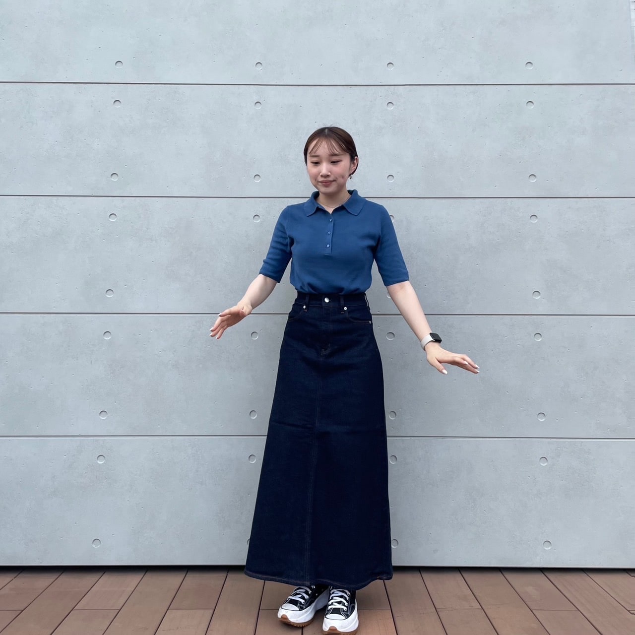 【ルミネ立川】UVカット　リブ編み　五分袖ポロセーター、ストレッチデニム　Ａラインスカート