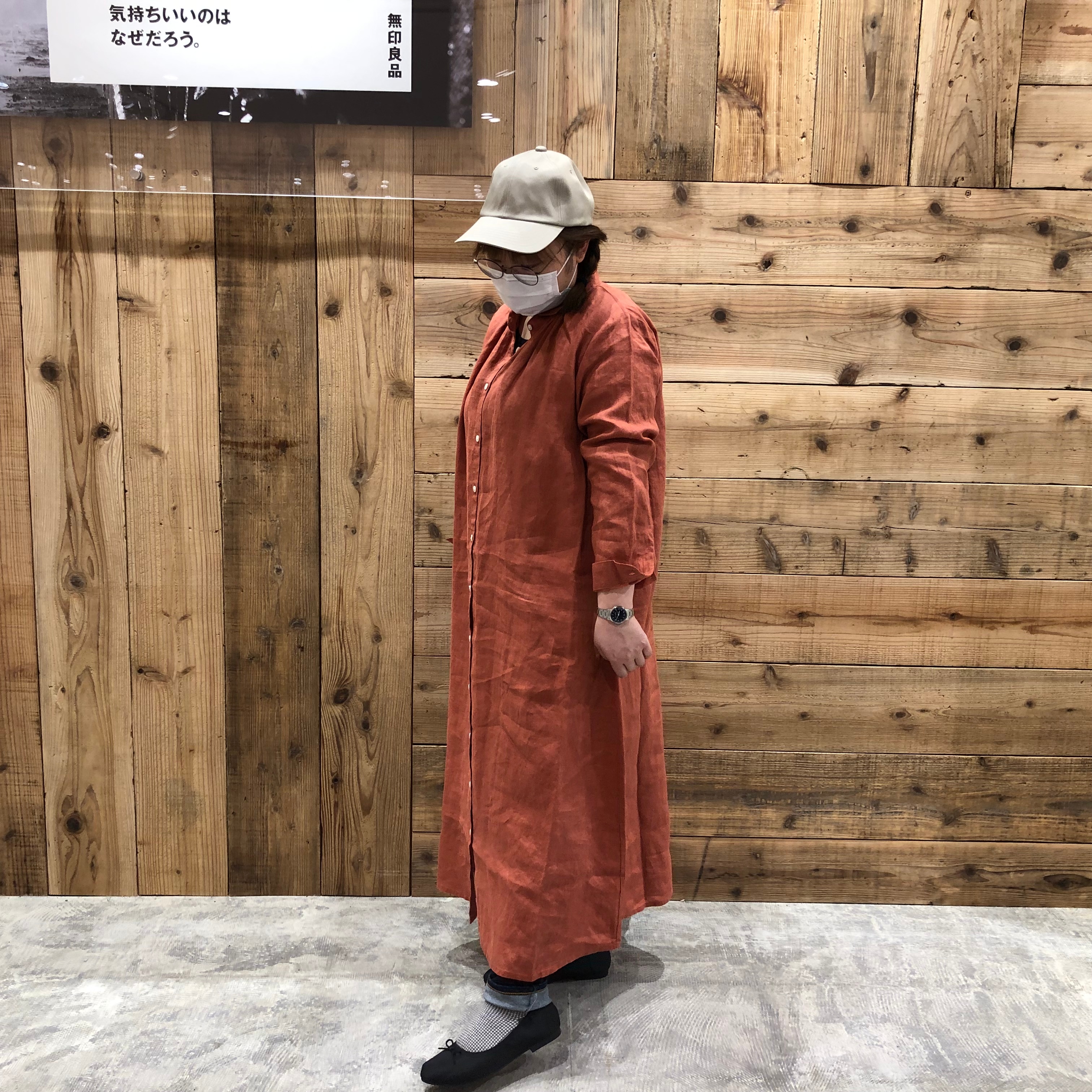 リネン長袖ワンピース赤