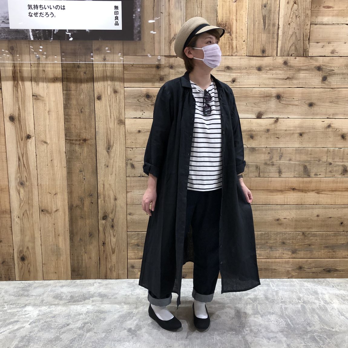 リネン長袖ワンピース黒