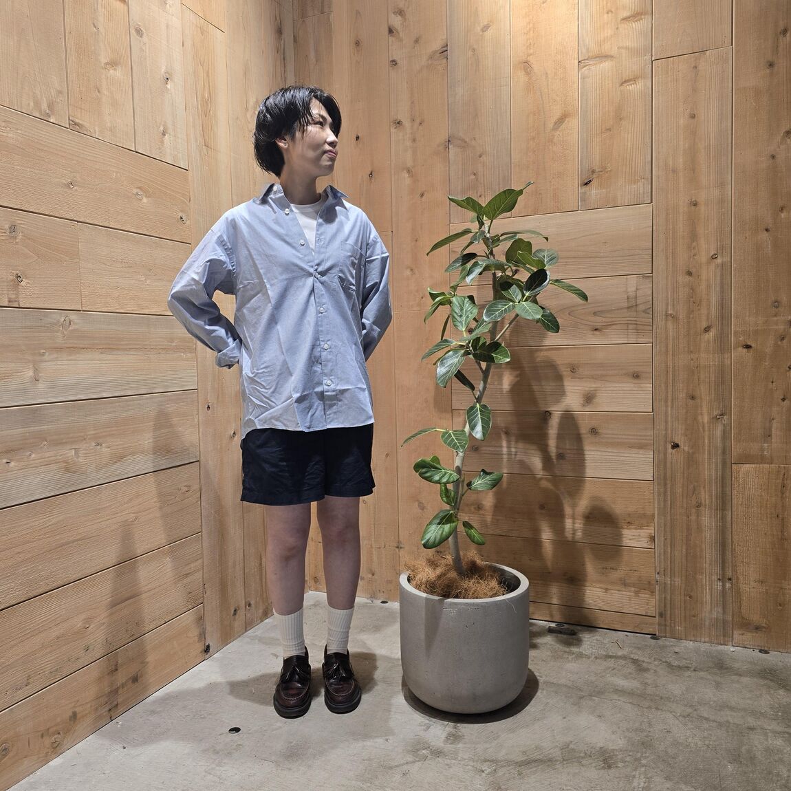 観葉植物とショートパンツ姿のスタッフ