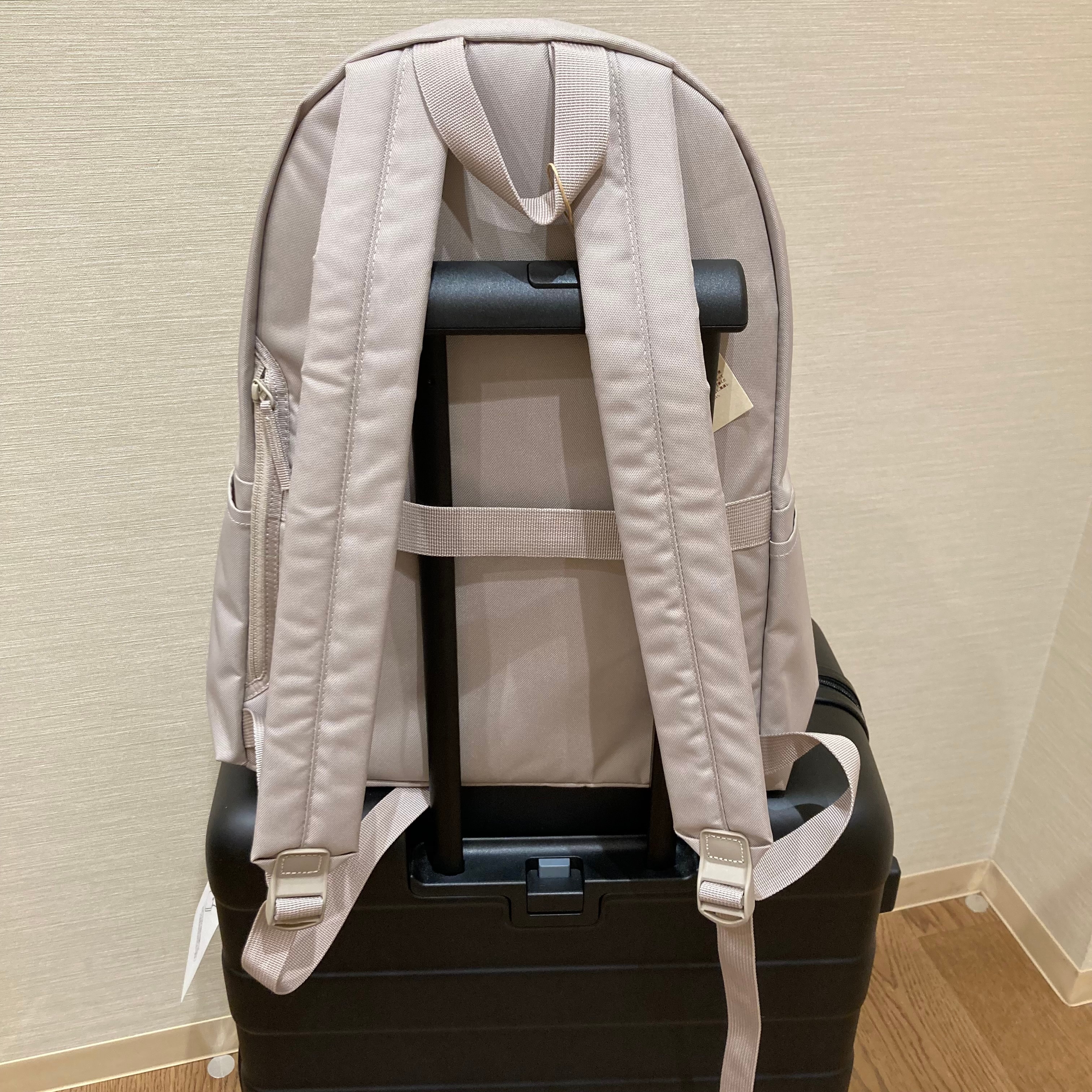 キャリーにリュックのベルトをかけた