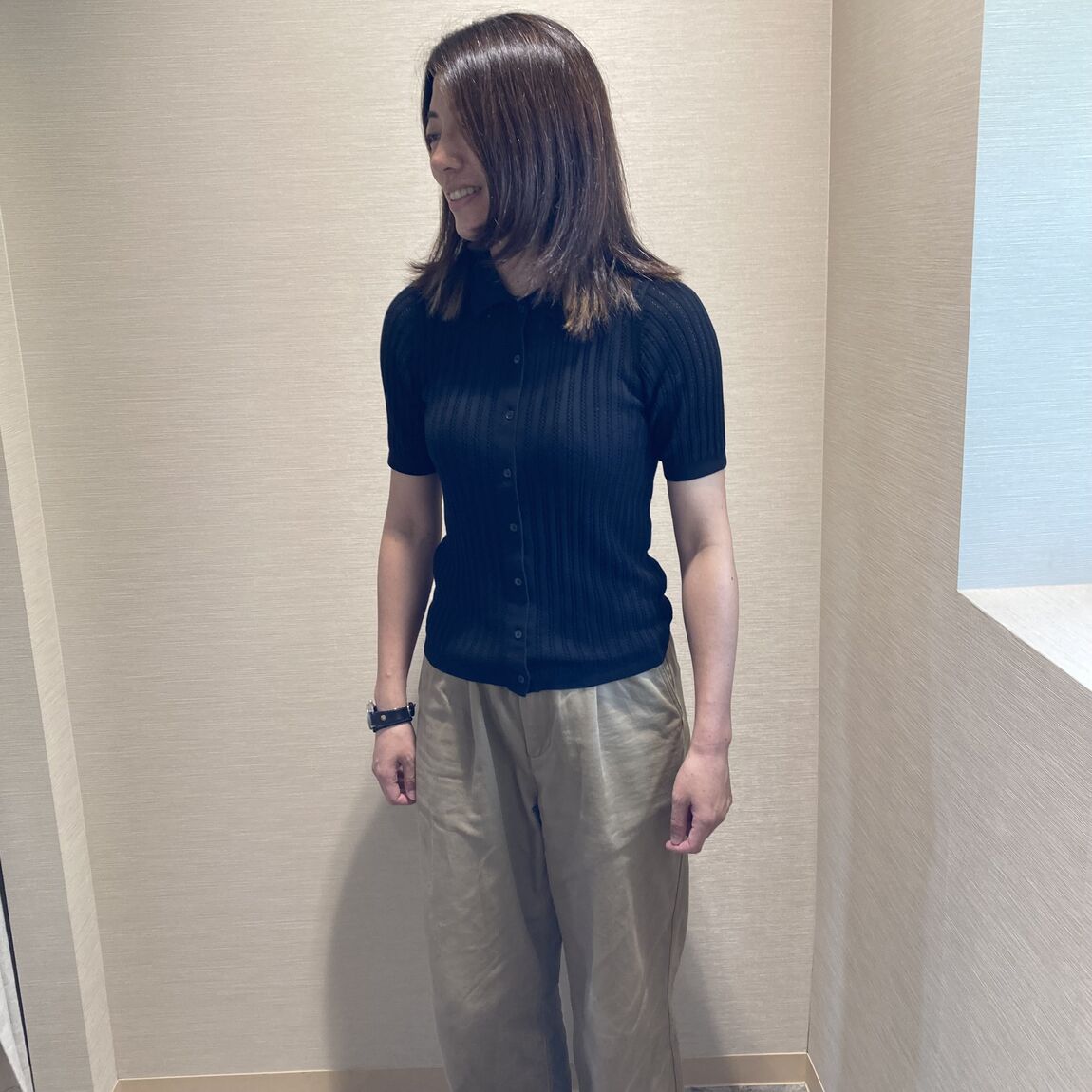 【マルヤガーデンズ鹿児島】婦人 なめらかリブ透かし編み五分袖ポロカーディガンが入荷しました！！｜新商品_Saou7j