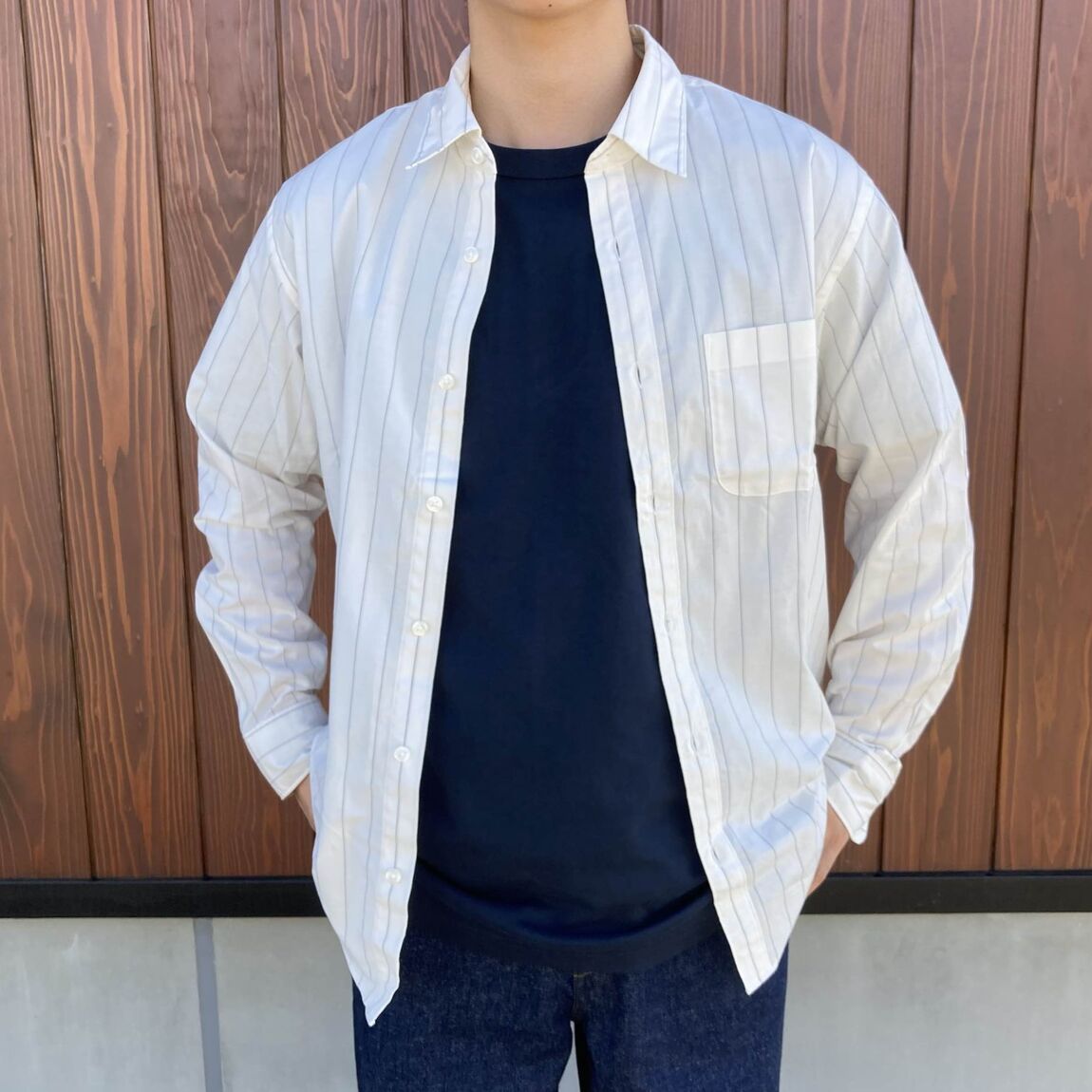 【いわて生協盛岡向中野】身長171cm  堀切さん　ブロードシャツ・5Pデニム_E4JBGt
