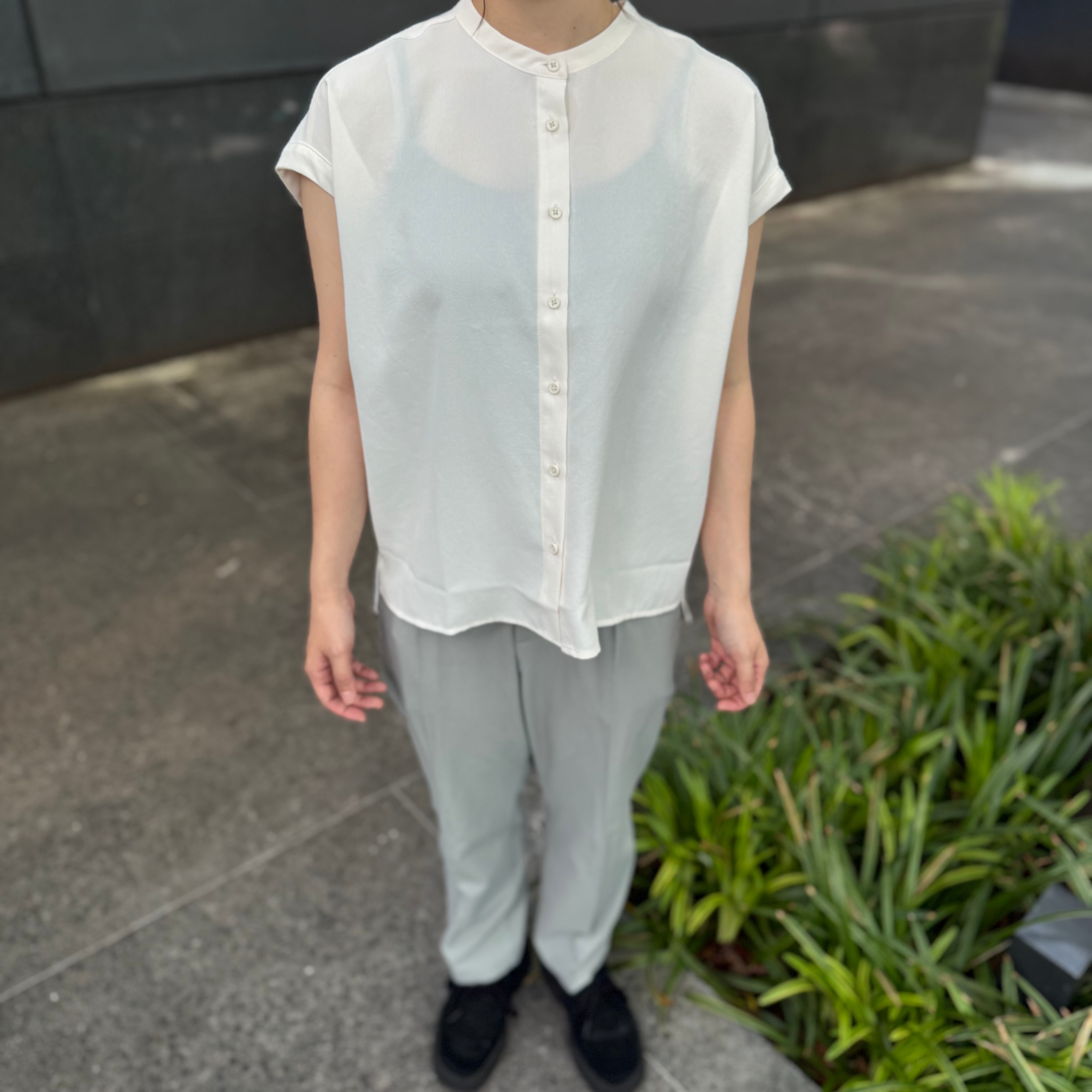 婦人 風を通す フレンチスリーブブラウスとテーパードパンツ