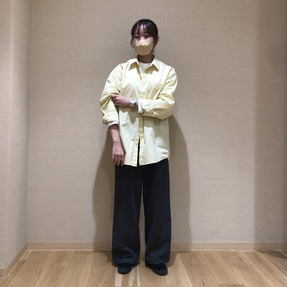 洗いざらしブロード長袖シャツ・紳士L・ライトイエロー