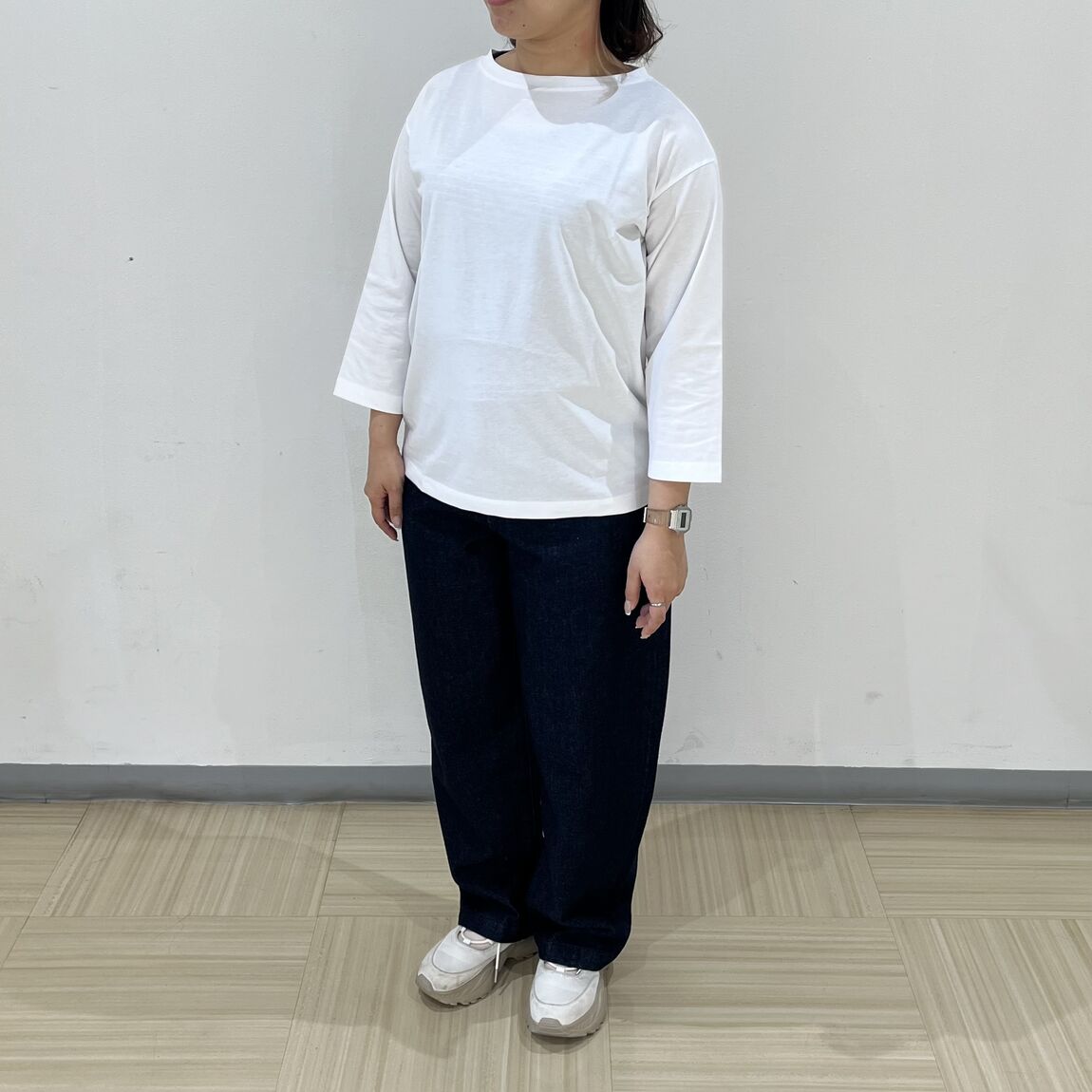天竺編み　ボートネック七分袖Tシャツ