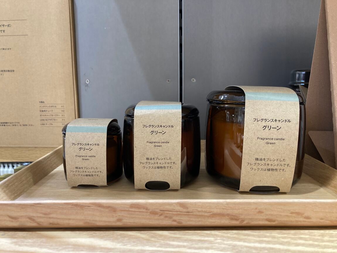 フレグランスキャンドル　グリーン　左からS、M、Lのサイズ比較