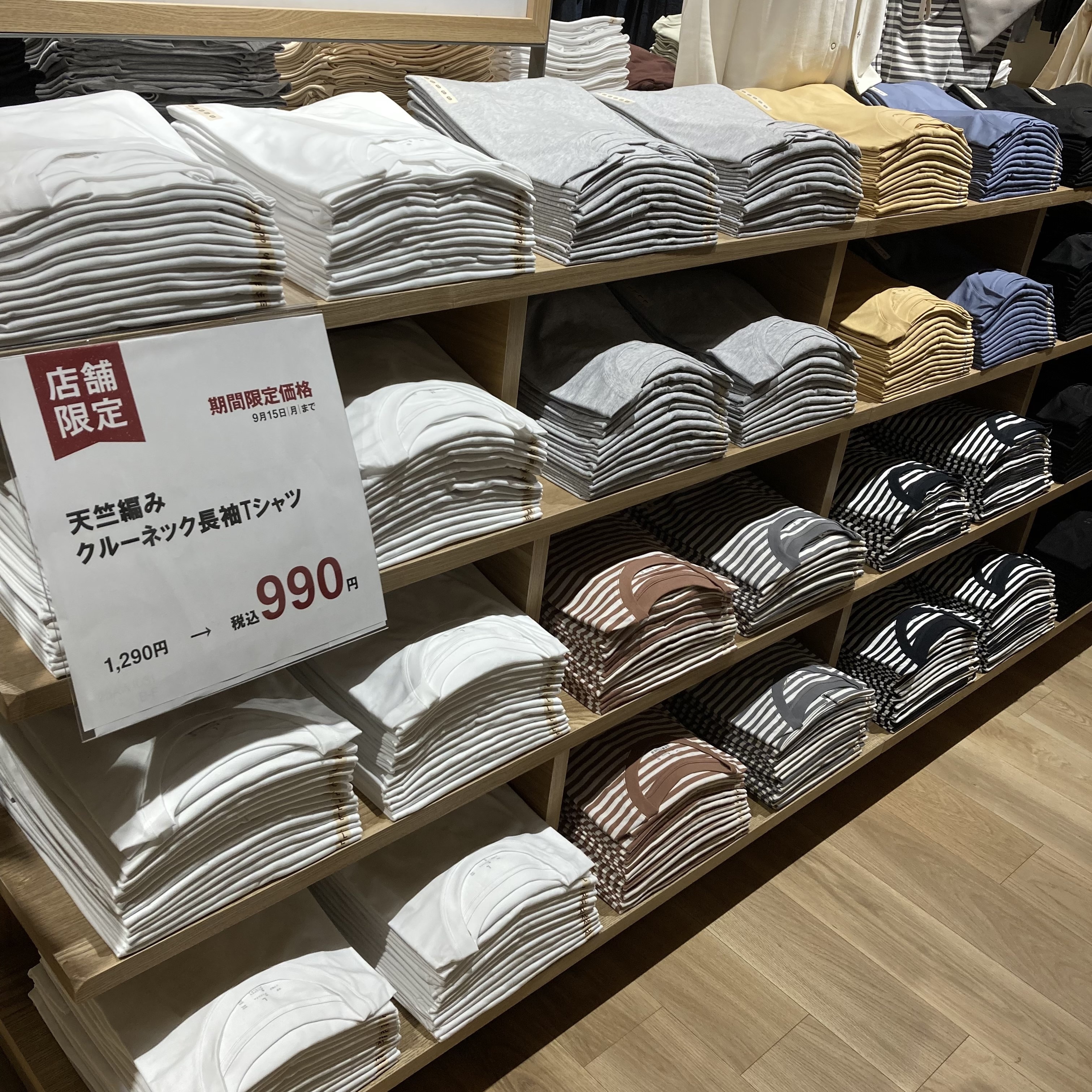 衣料品の対象商品は天竺編みクルーネック長袖Tシャツです。