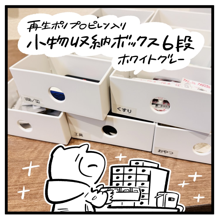 「なくす、さがす時間が減りました」 ｜ 再生ポリプロピレン入り小物収納ボックス６段・ホワイトグレー