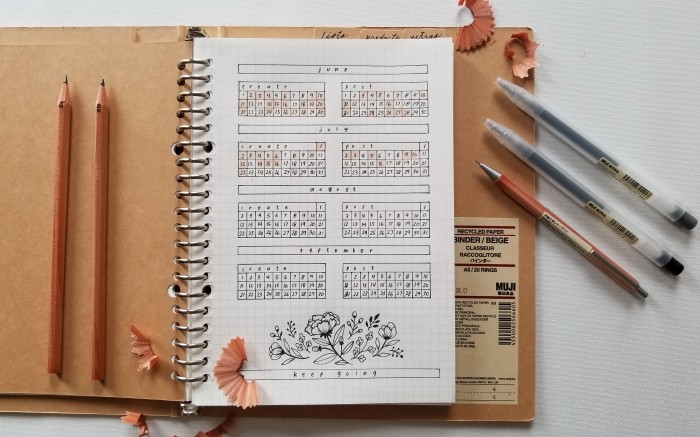 An image of a single-page bullet journal spread inside a MUJI binder and graph paper. MUJI stationary surrounds the binder as decoration.